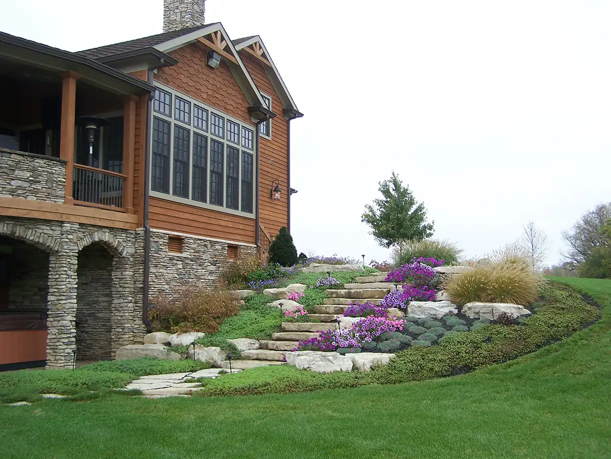 Shanklin steps residential landscaping with stone steps by Riepenhoff Landscape